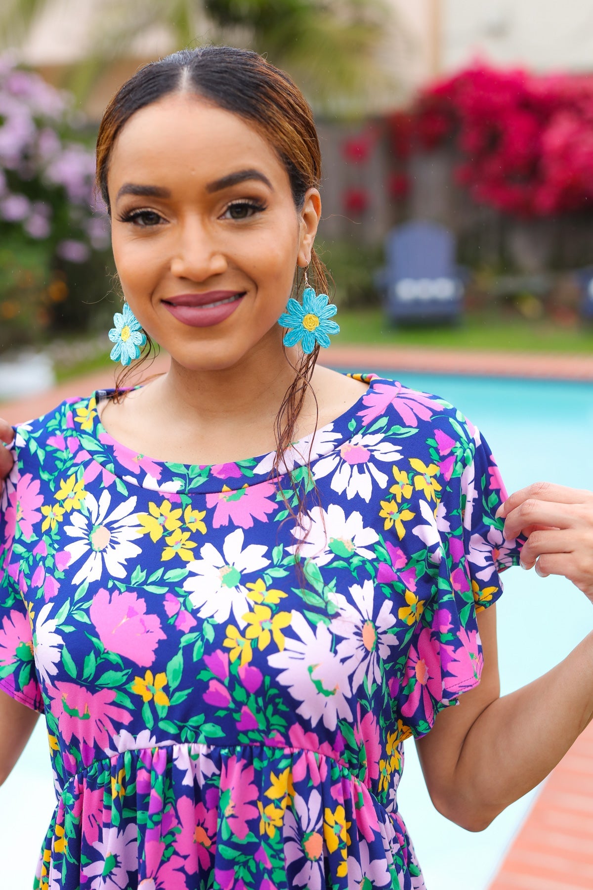 Sky Blue Daisy Flower Straw  Dangle Earrings