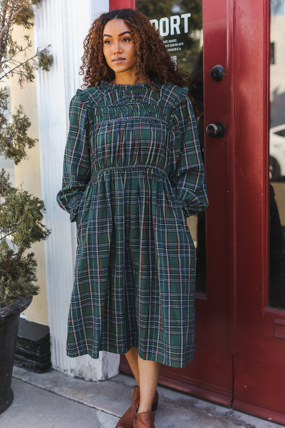 All I Want Hunter Green Plaid Check Woven Pocketed Dress