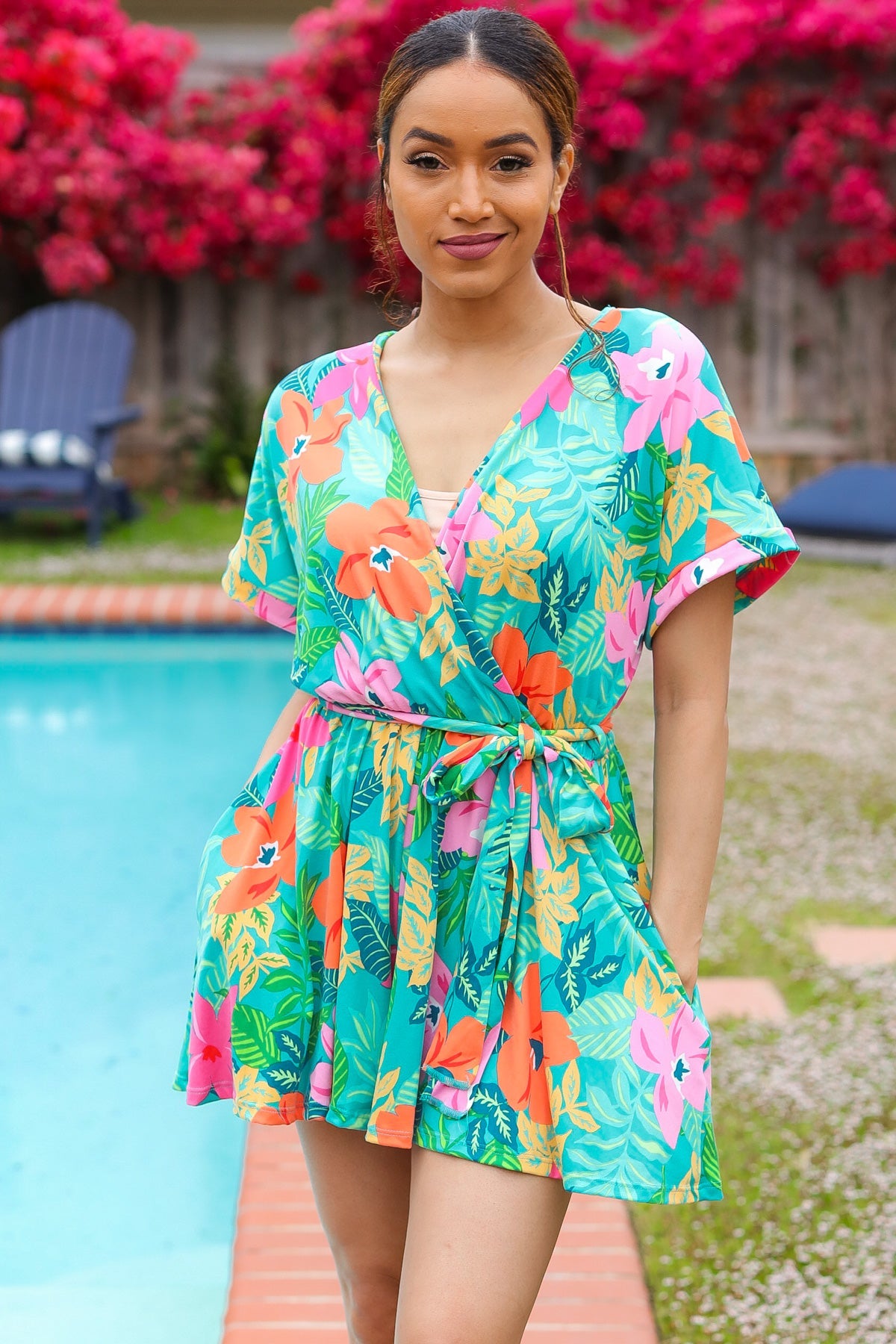 Tropical Vibes Turquoise Floral Surplice Tie Waist Romper