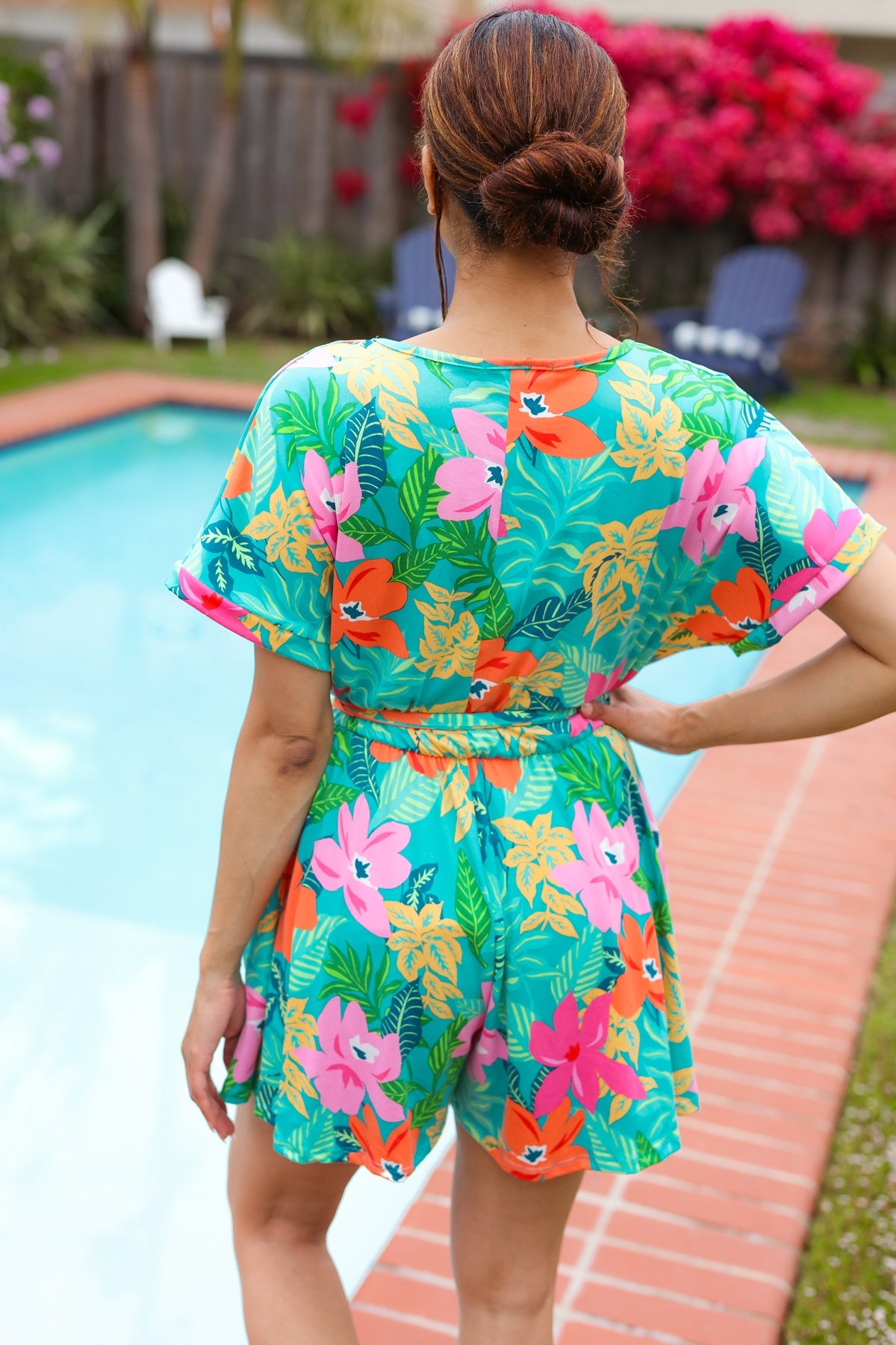 Tropical Vibes Turquoise Floral Surplice Tie Waist Romper