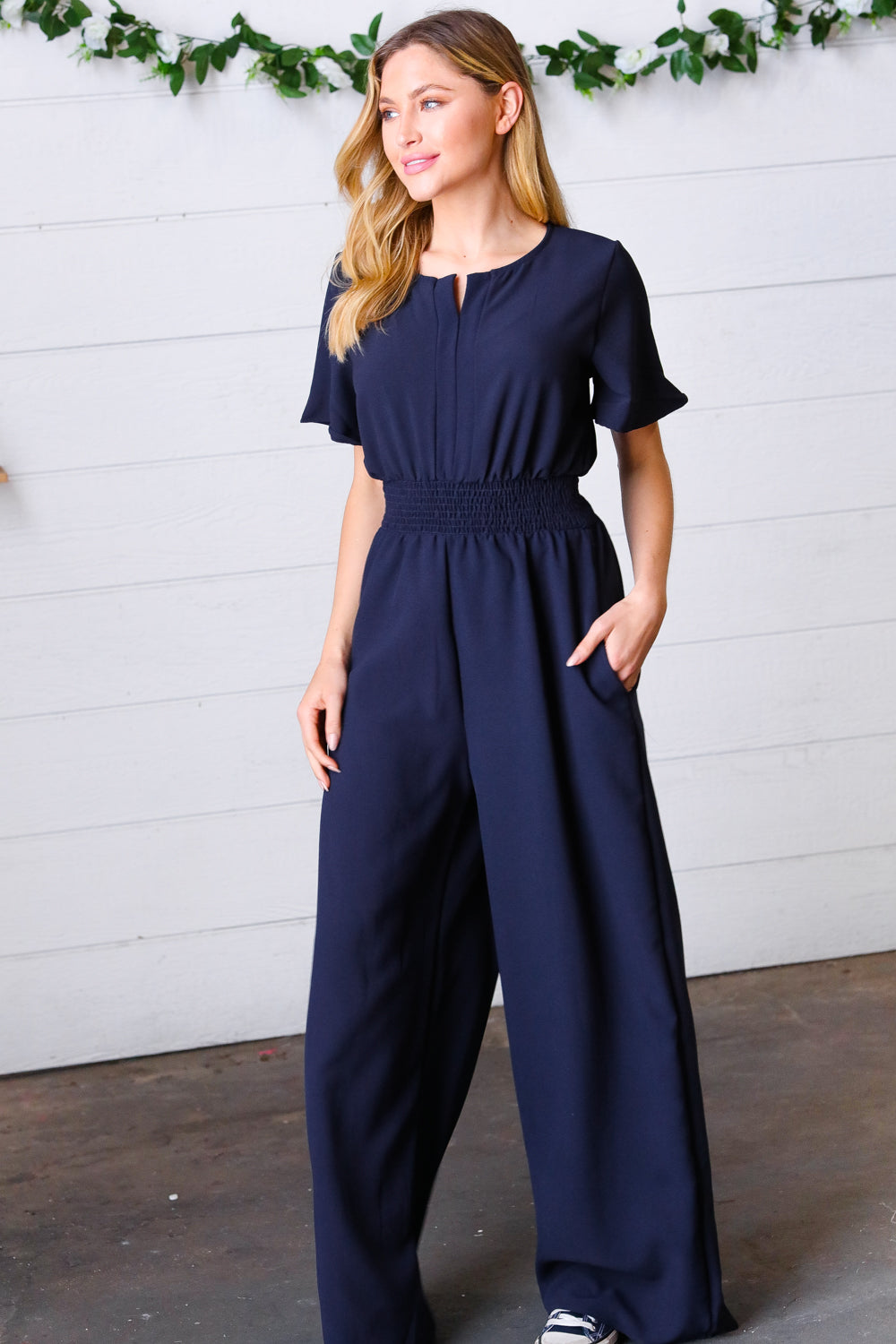 Dark Blue Smocked Waist Notch Neck Crepe Jumpsuit