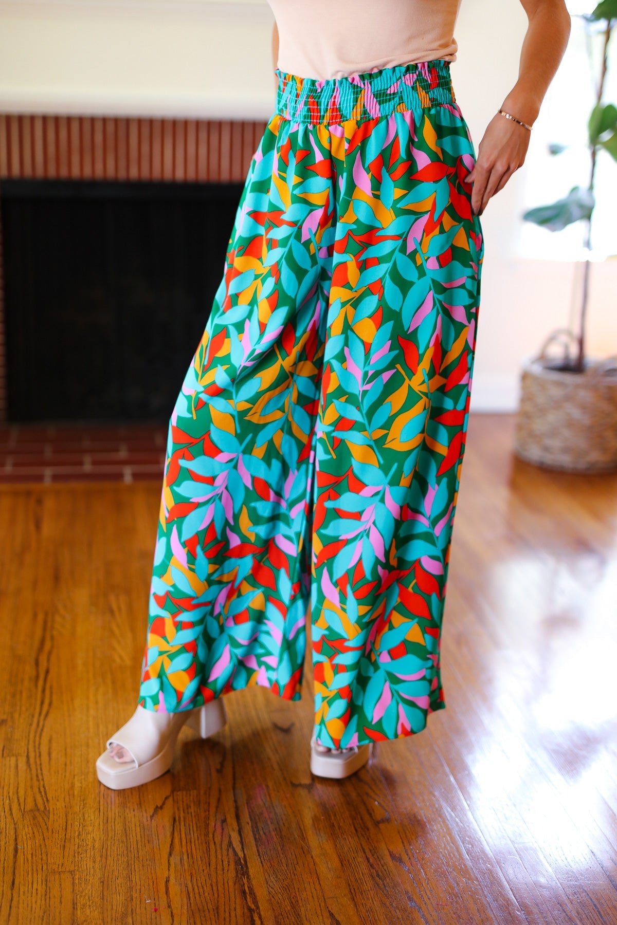 Summer Vibes Green & Orange Abstract Print Smocked Palazzo Pants