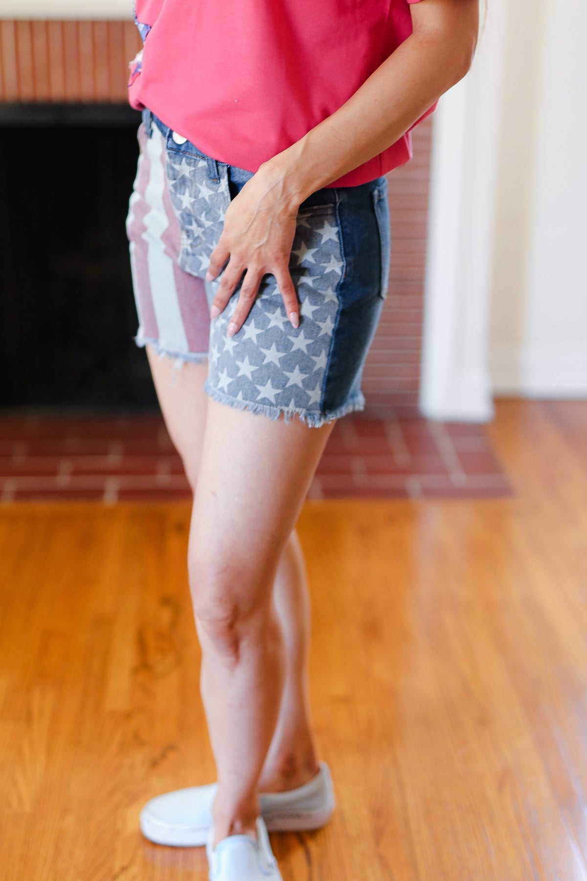 American Flag High Rise Frayed Hem Denim Shorts