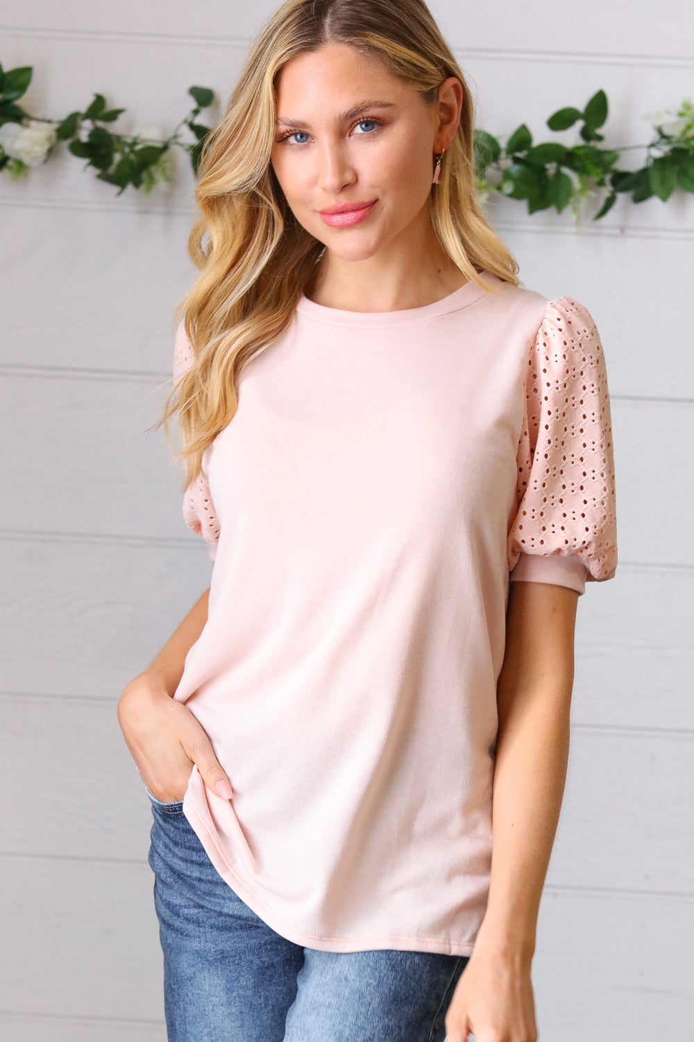 Peach Eyelet Puff Sleeve French Terry Top