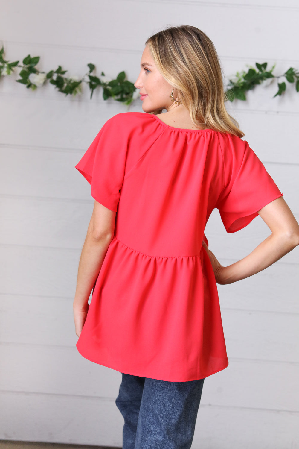 Cherry Red Babydoll Button Down Raglan Woven Top