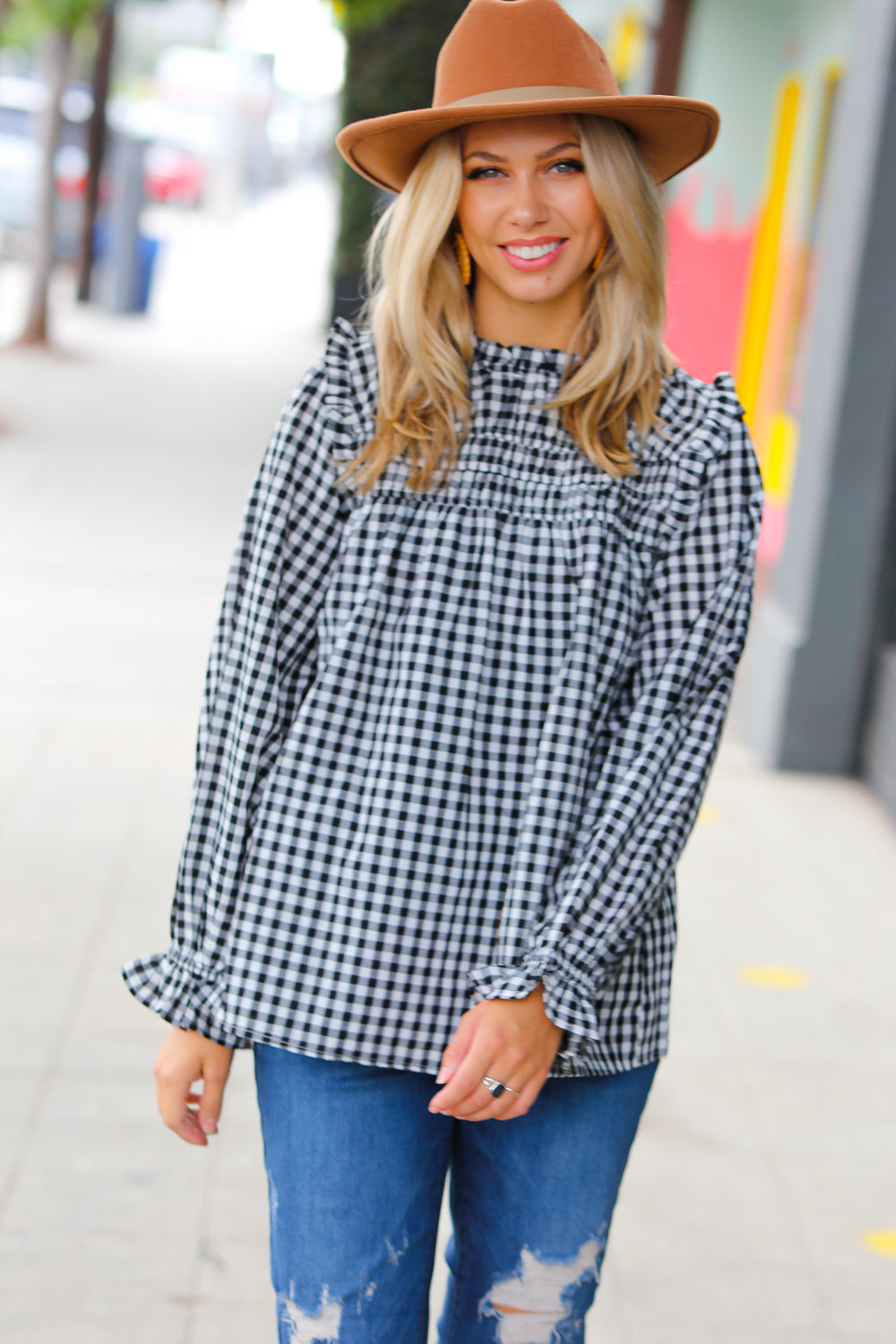 Black Gingham Shirred Yoke Mock Neck Frilled Top