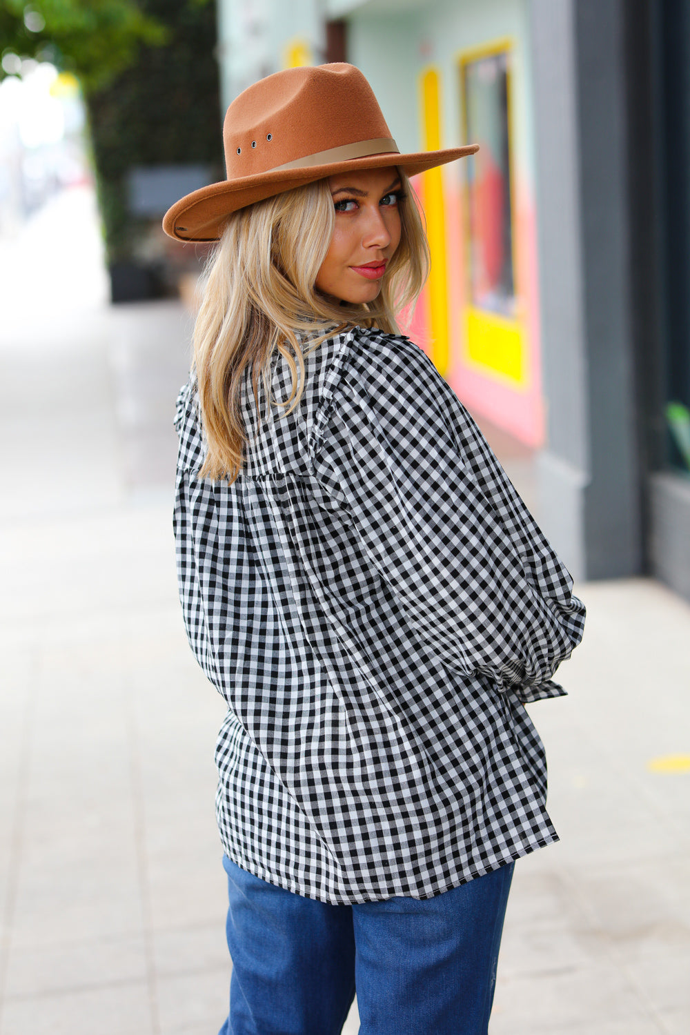 Black Gingham Shirred Yoke Mock Neck Frilled Top