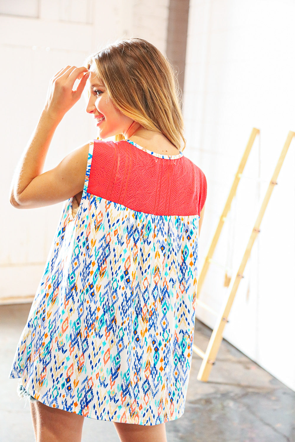 Coral Jacquard Lace Ethnic Print Tank Top