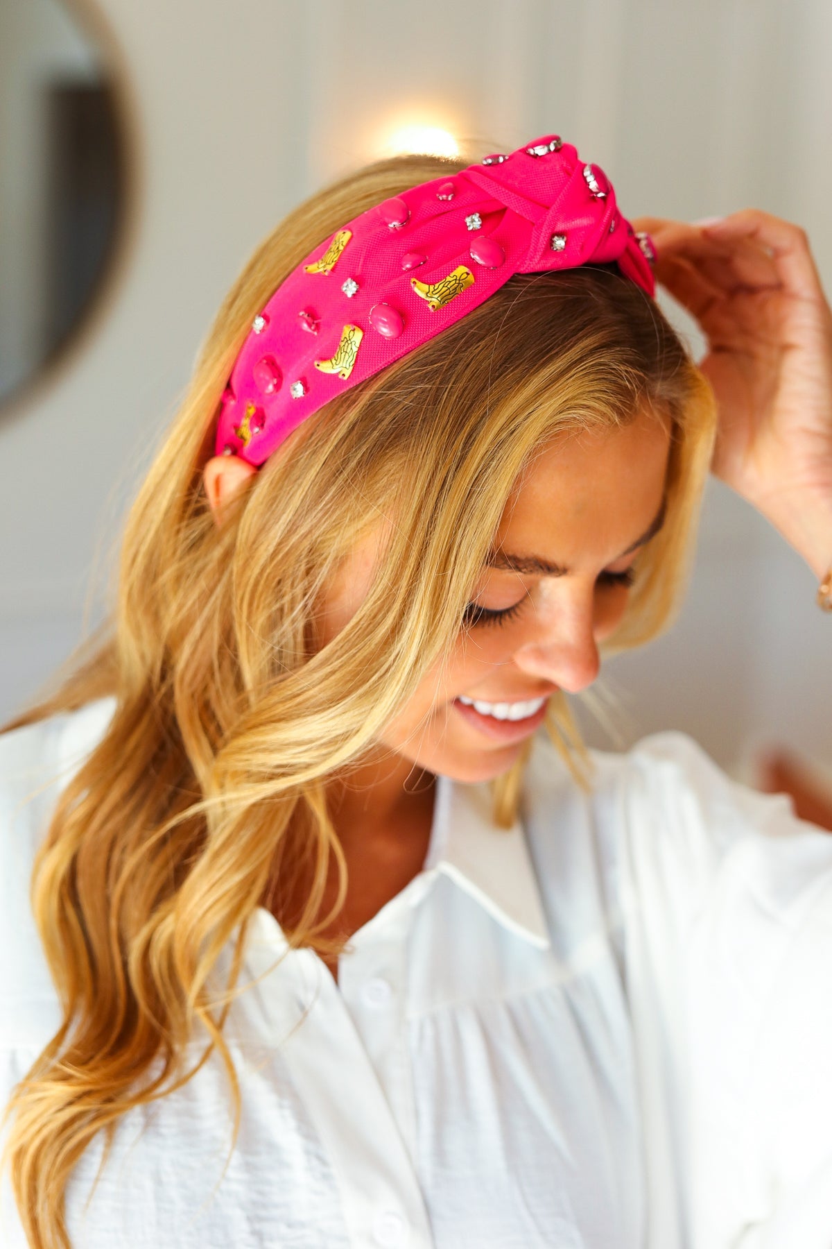 Fuchsia Stone & Gem Cowboy Boot Embellished Top Knot Headband