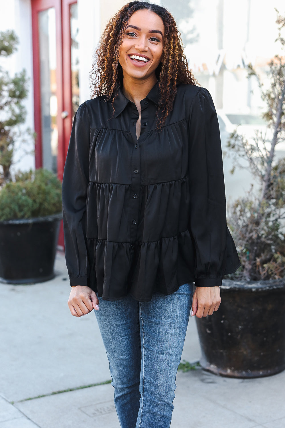 Perfectly You Black Button Down Tiered Babydoll Satin Top