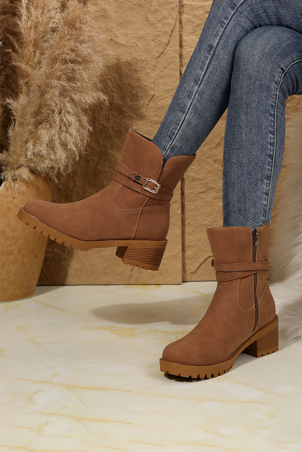 Chestnut Suede Buckle Decor Heeled Ankle Boots