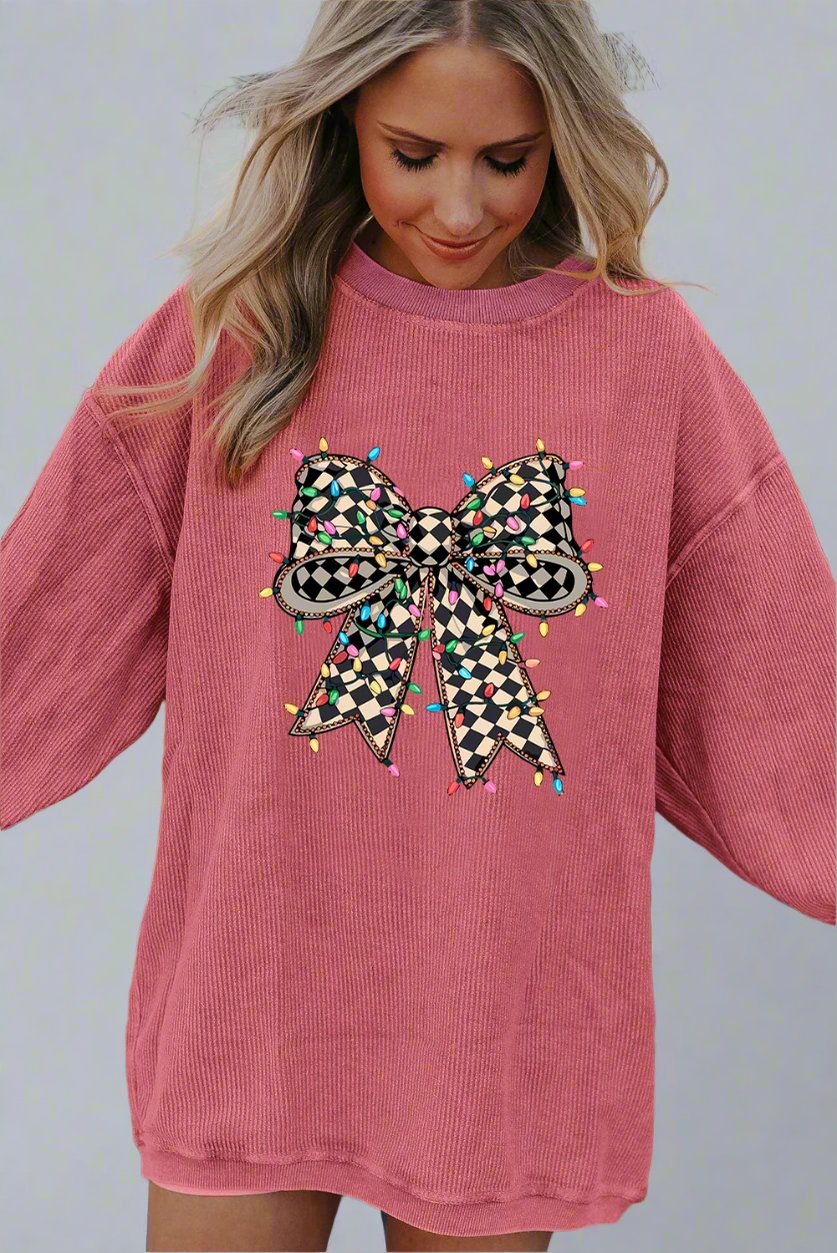 Strawberry Pink Checkered Bow Print Ribbed Crew Neck Pullover Sweatshirt