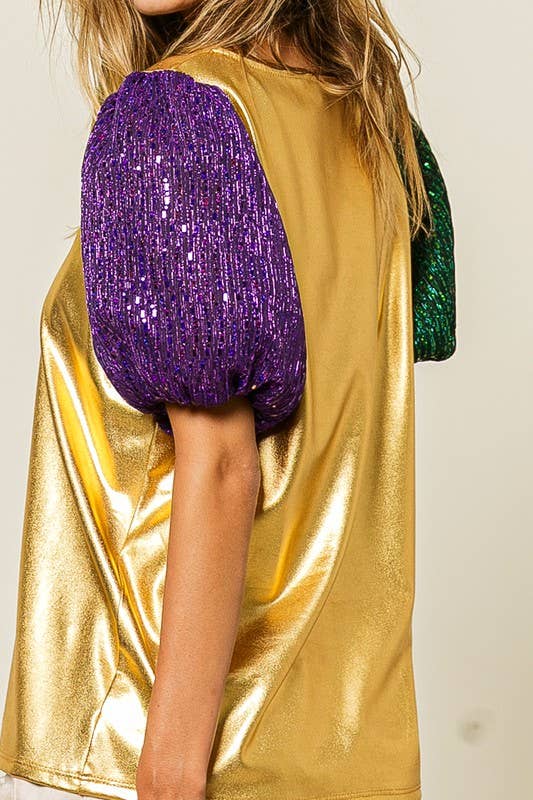 Mardi Gras Metallic Foiled Knit Top: GOLD/GREEN/PURPLE