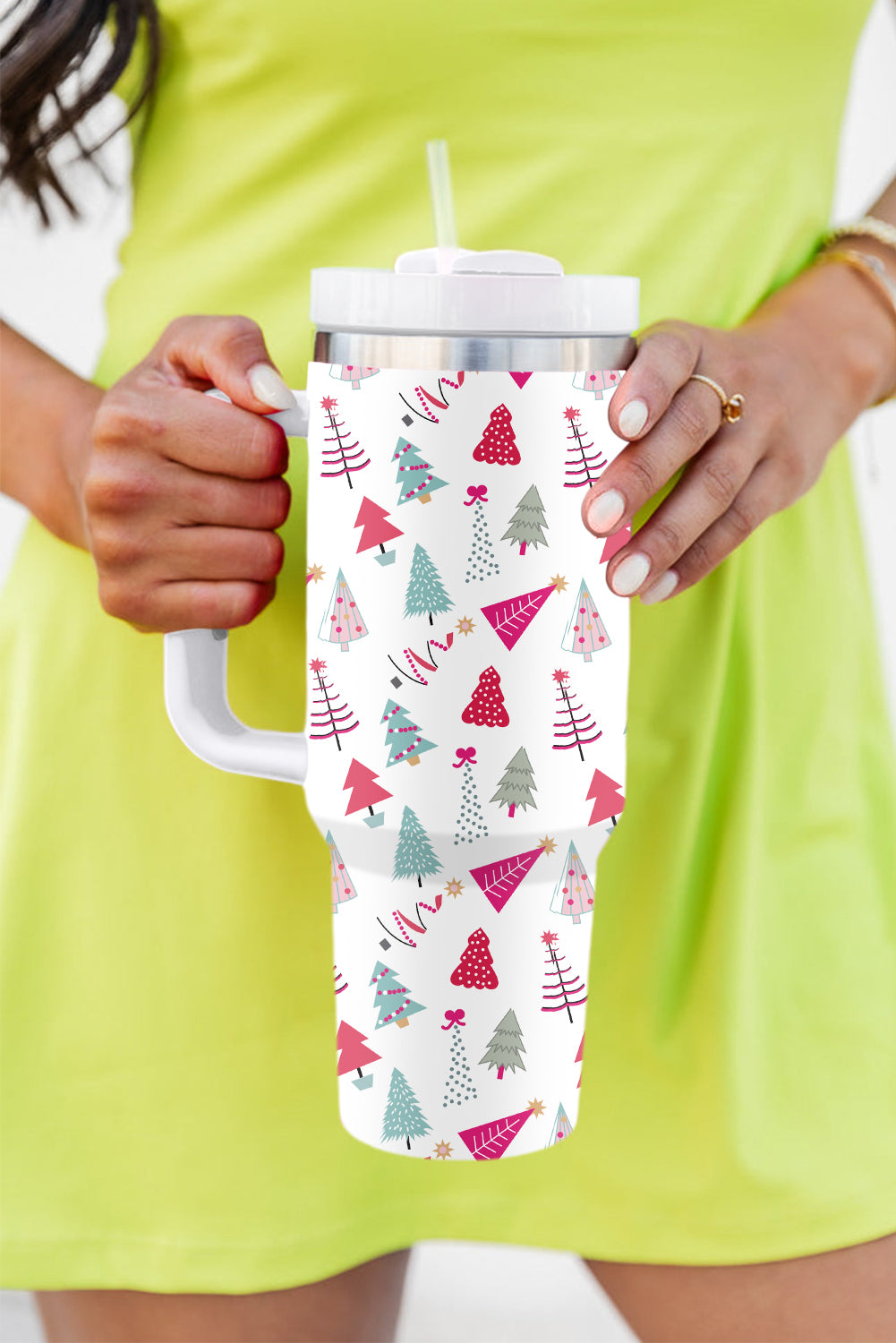 Rose Red Cartoon Christmas Tree Printed Thermos Cup