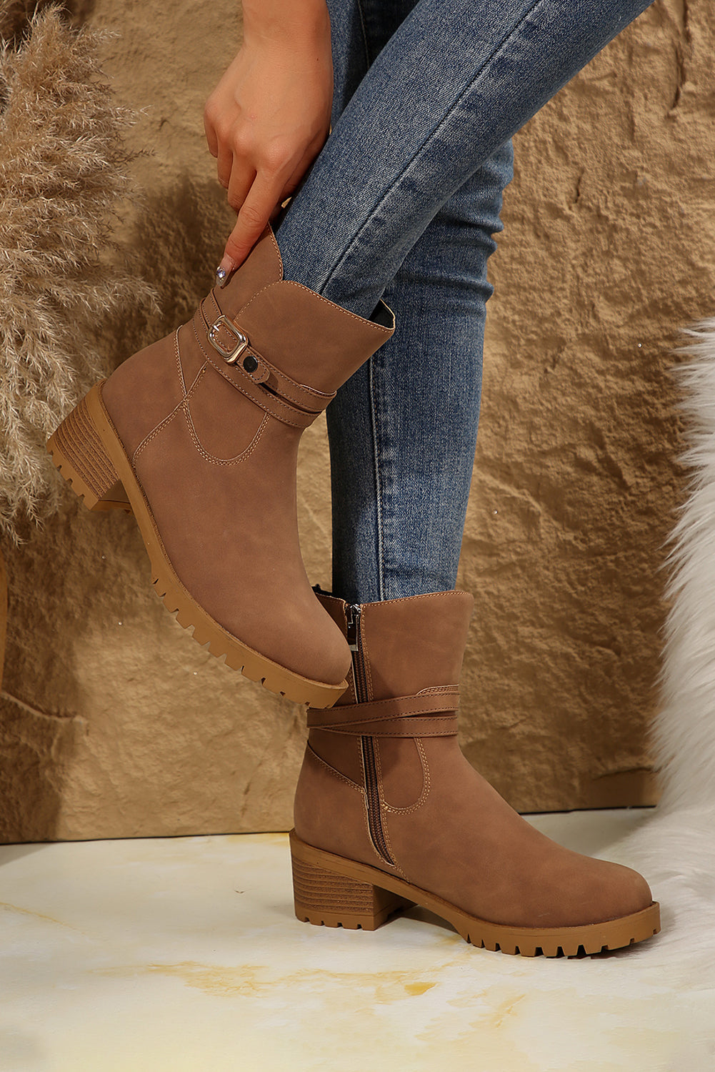 Chestnut Suede Buckle Decor Heeled Ankle Boots