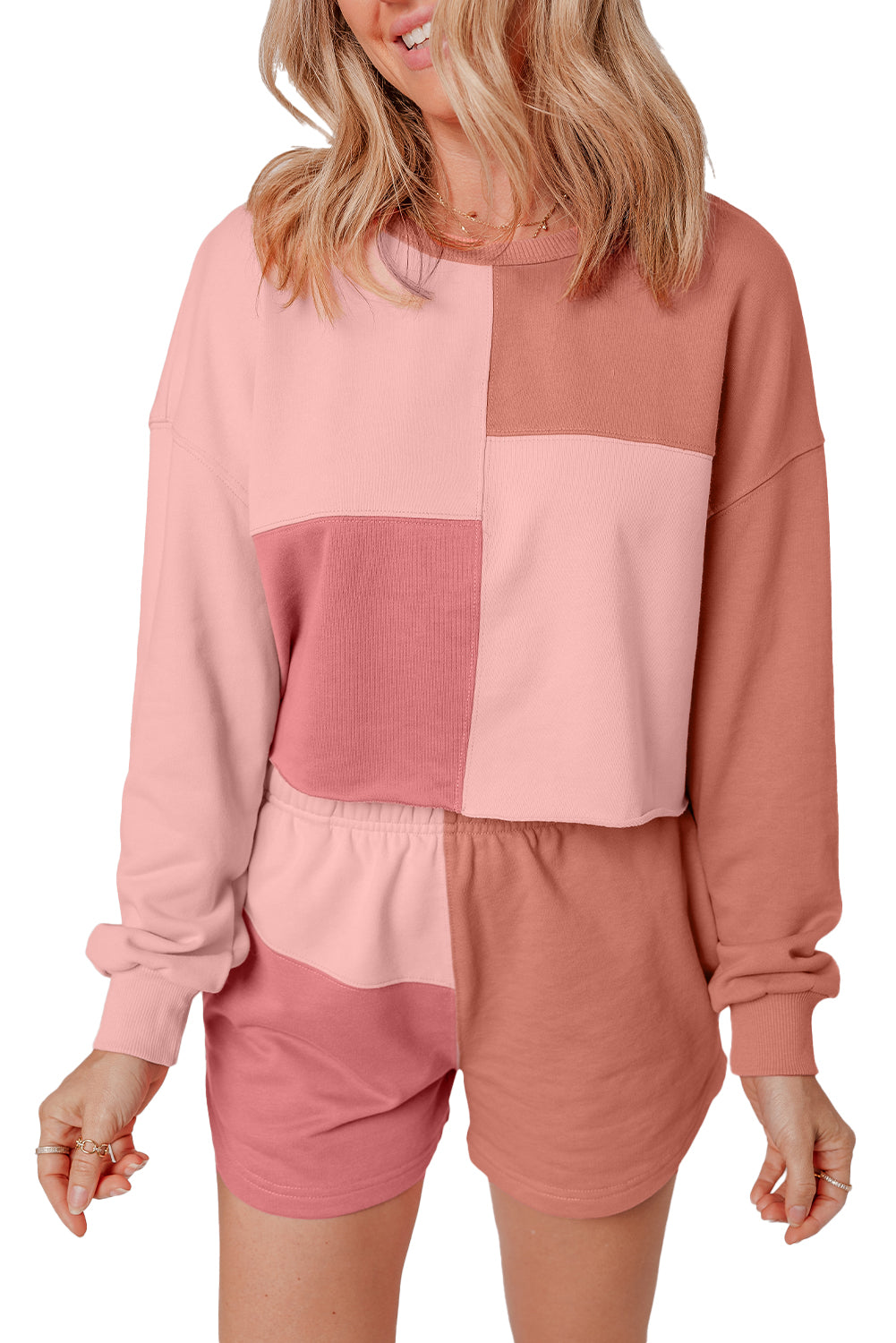 Peach Blossom Colorblock Long Sleeve Top & Pocketed Shorts Set