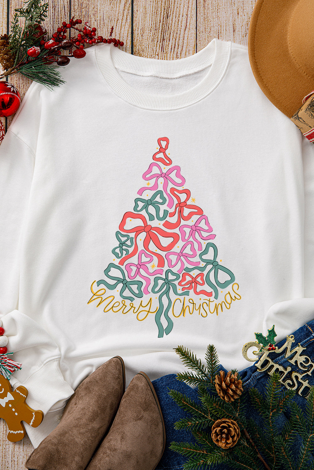 Beige Bow Christmas Tree Print Crew Neck Loose Sweatshirt