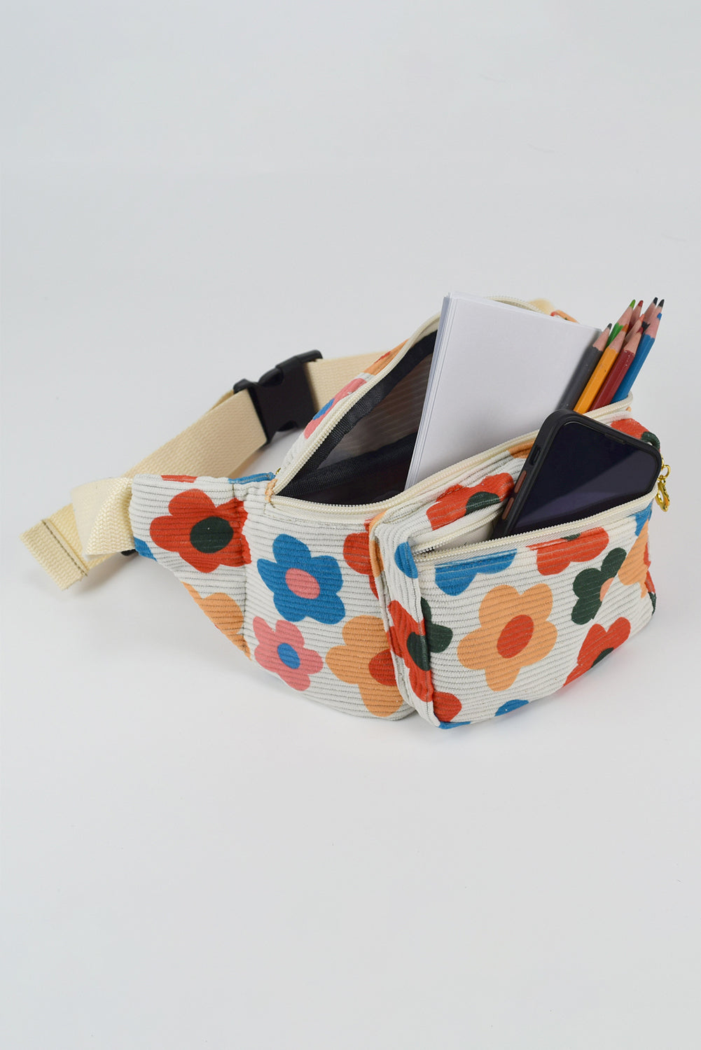 Khaki Colorful Flower Printed Rib Textured Waist Belt Bag