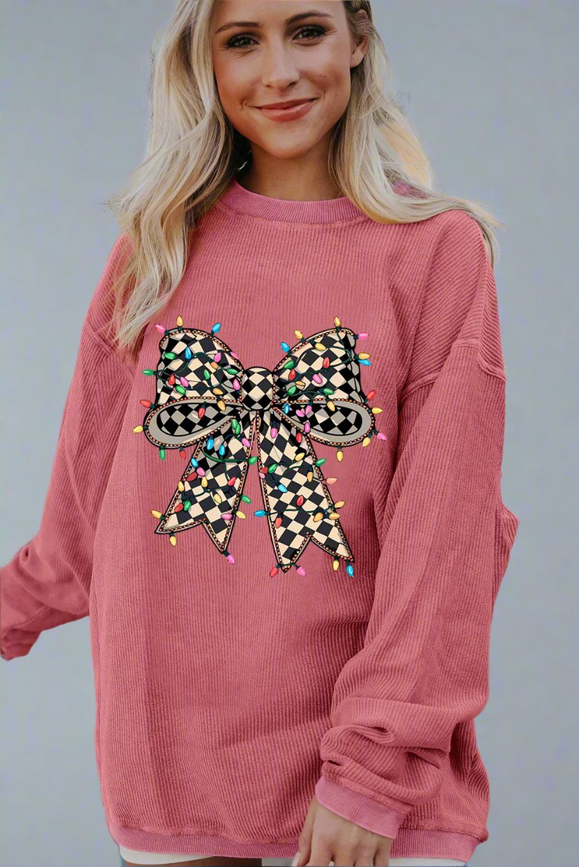 Strawberry Pink Checkered Bow Print Ribbed Crew Neck Pullover Sweatshirt