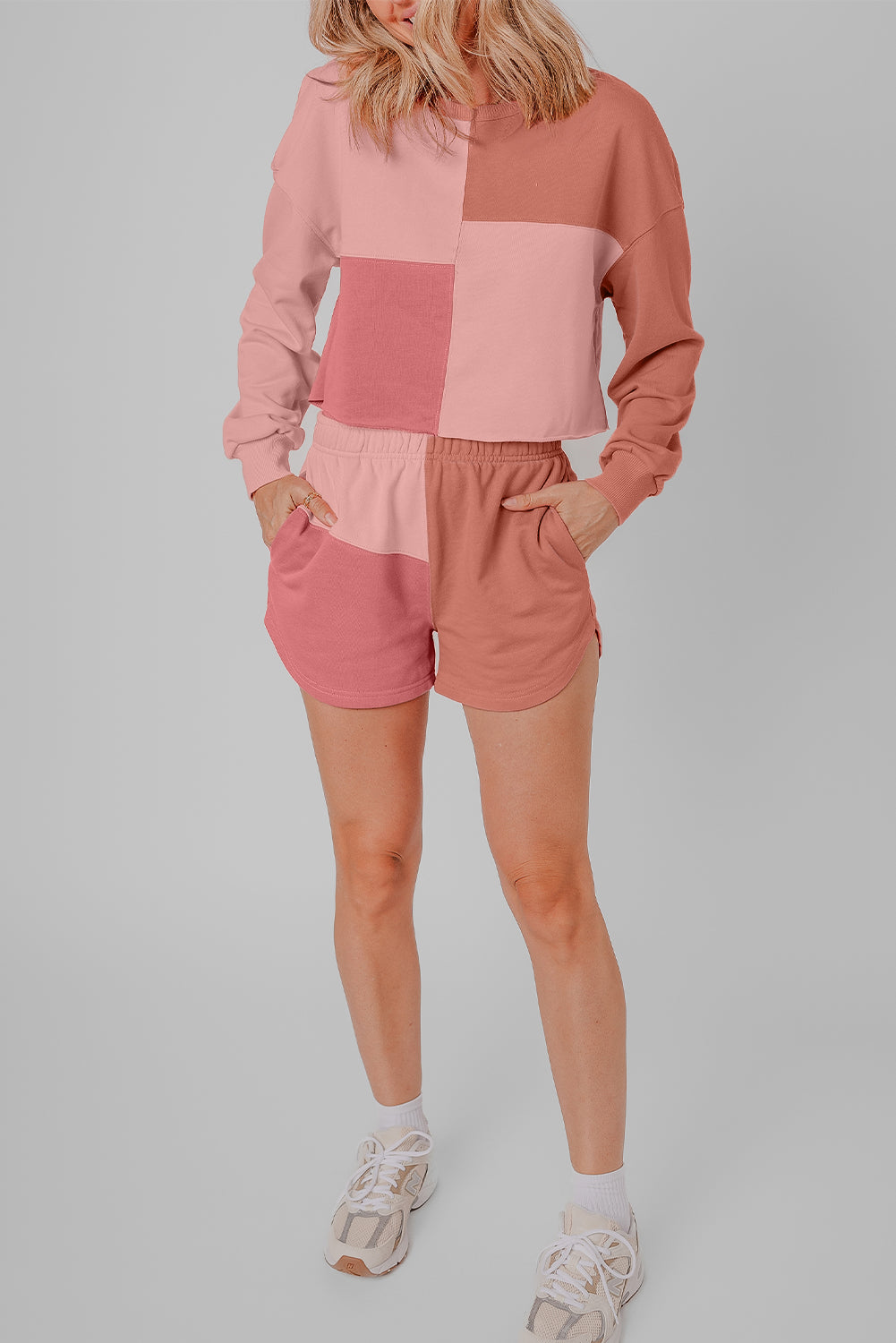 Peach Blossom Colorblock Long Sleeve Top & Pocketed Shorts Set