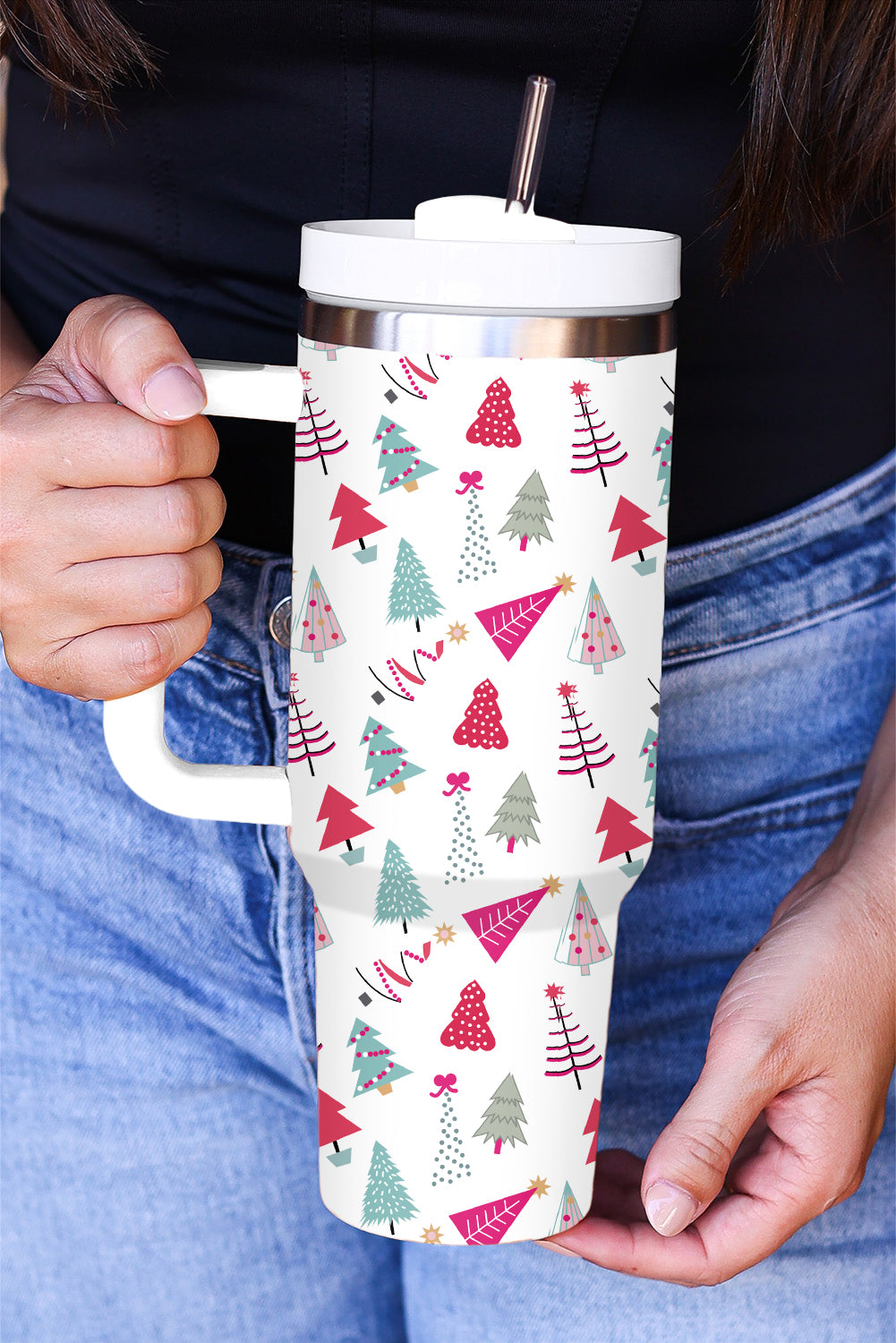 Rose Red Cartoon Christmas Tree Printed Thermos Cup