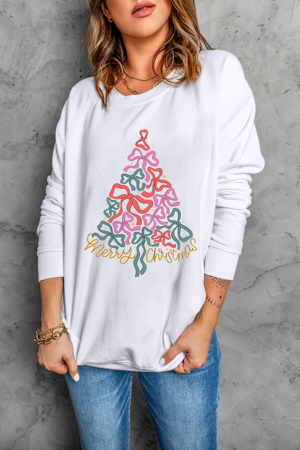 Beige Bow Christmas Tree Print Crew Neck Loose Sweatshirt