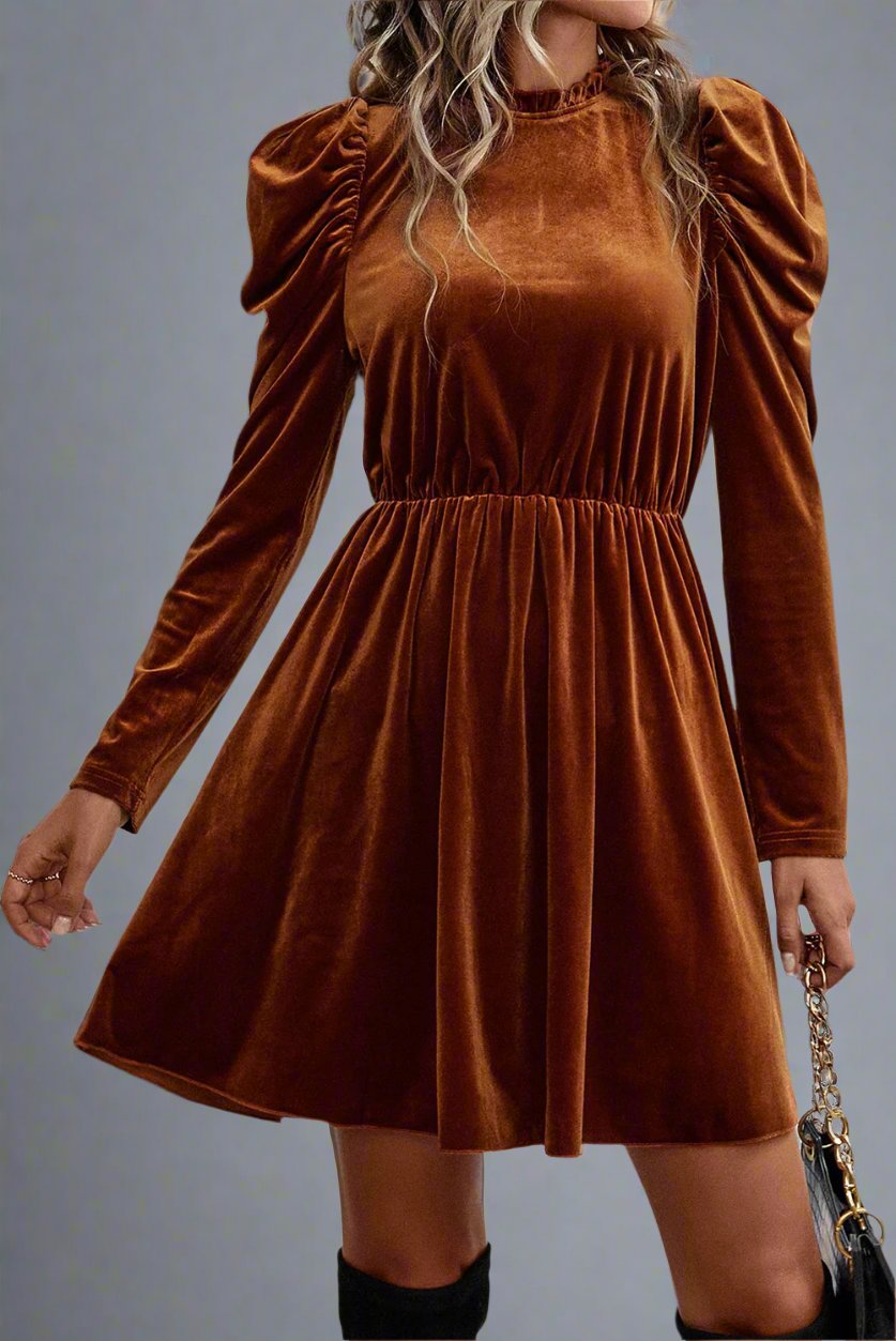 Chestnut Velvet Frilled Neck Gigot Sleeve Swing Dress