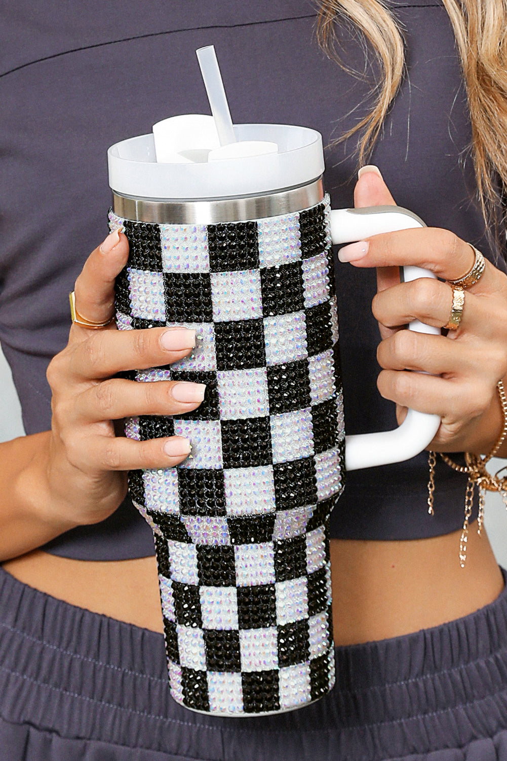 Blackish Green 40oz Rhinestone Checkered Tumbler Cup