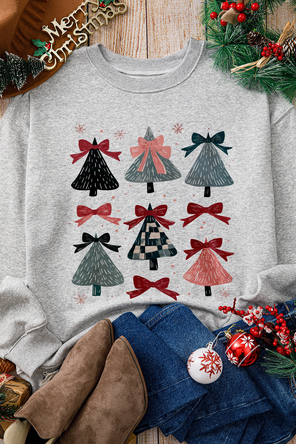 Gray Christmas Tree Bow Knot Print Drop Shoulder Sweatshirt