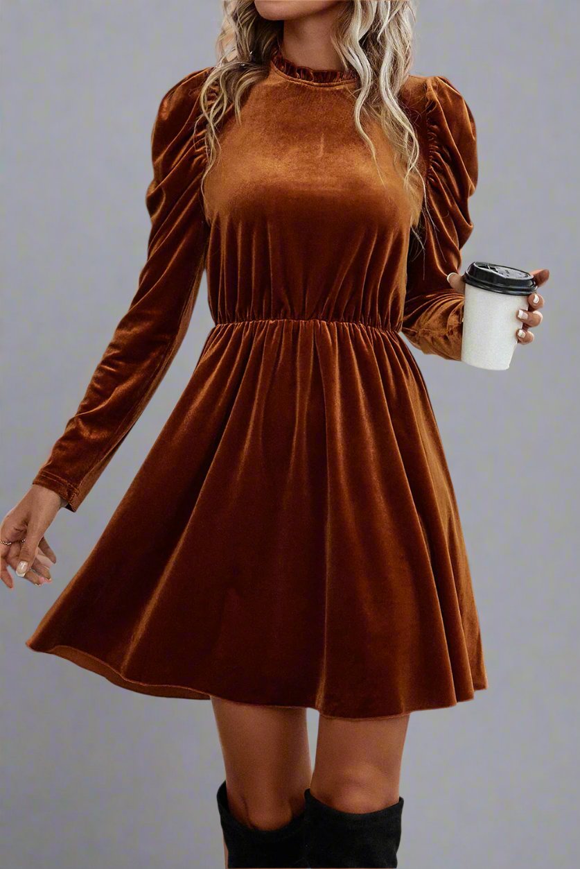 Chestnut Velvet Frilled Neck Gigot Sleeve Swing Dress