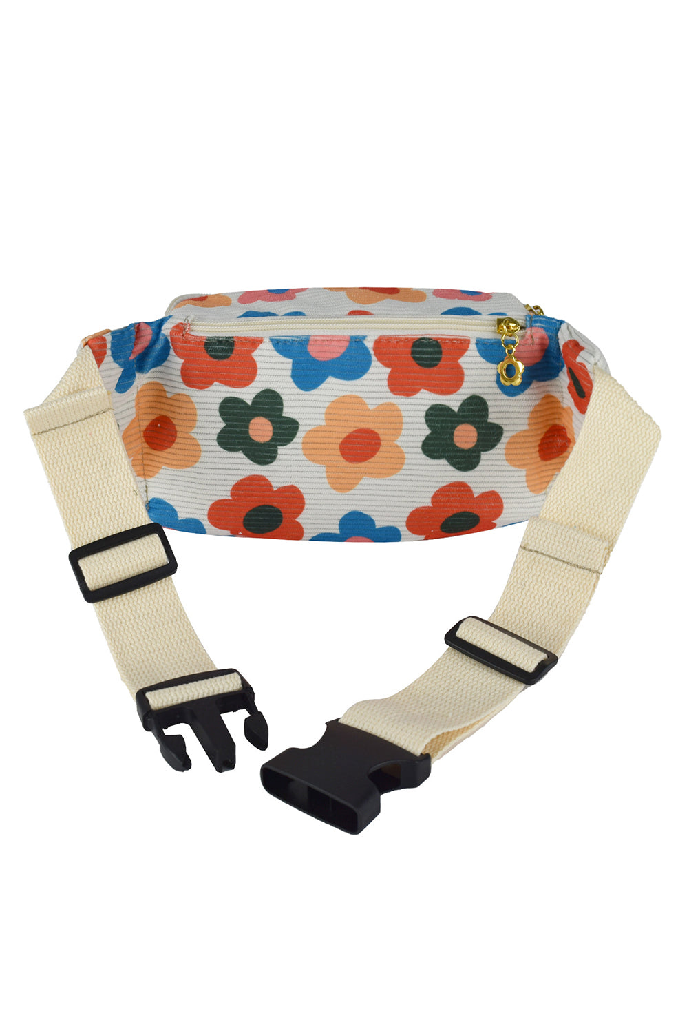 Khaki Colorful Flower Printed Rib Textured Waist Belt Bag