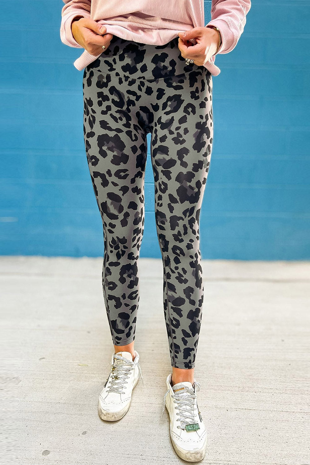 Grey Leopard Print Casual High Waist Leggings