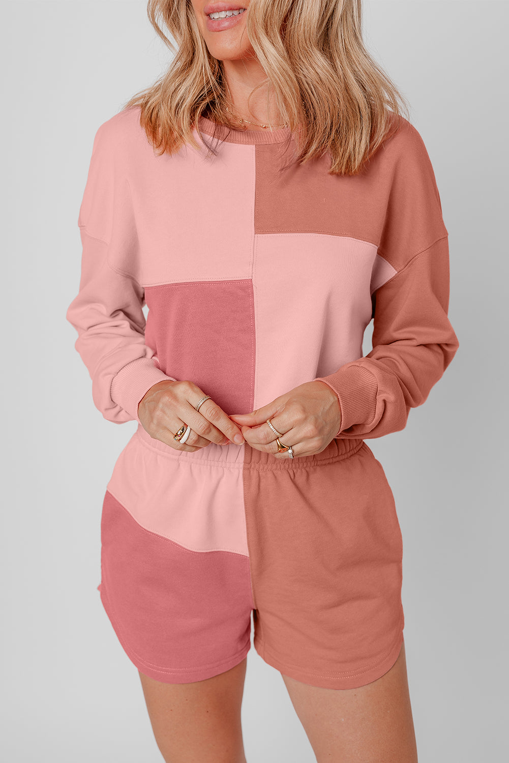 Peach Blossom Colorblock Long Sleeve Top & Pocketed Shorts Set