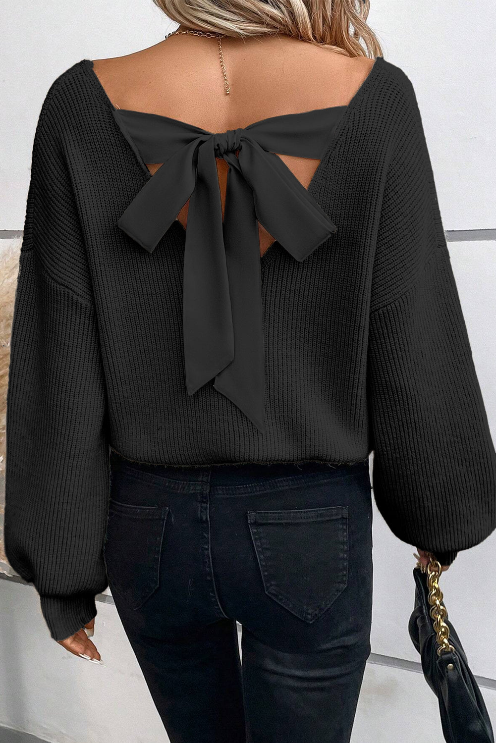 Black Lantern Sleeve V Neck Bowknot Back Sweater