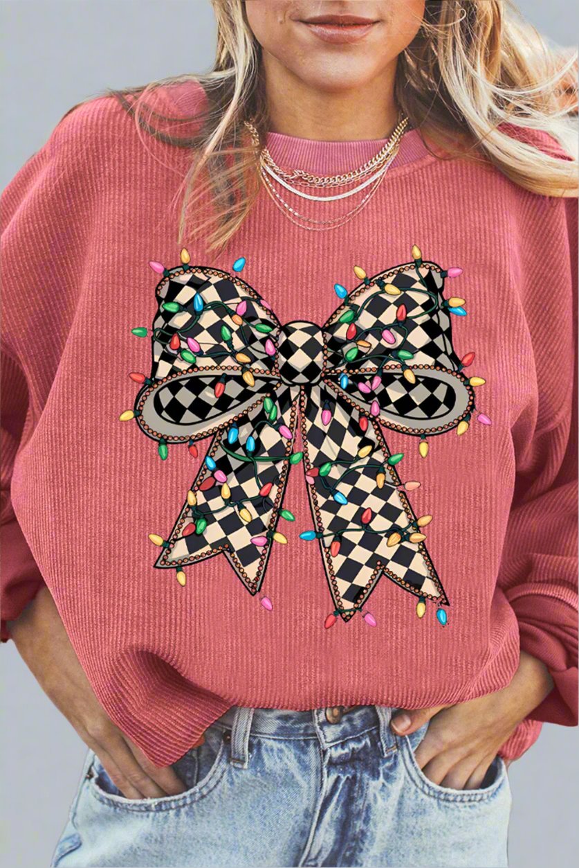 Strawberry Pink Checkered Bow Print Ribbed Crew Neck Pullover Sweatshirt