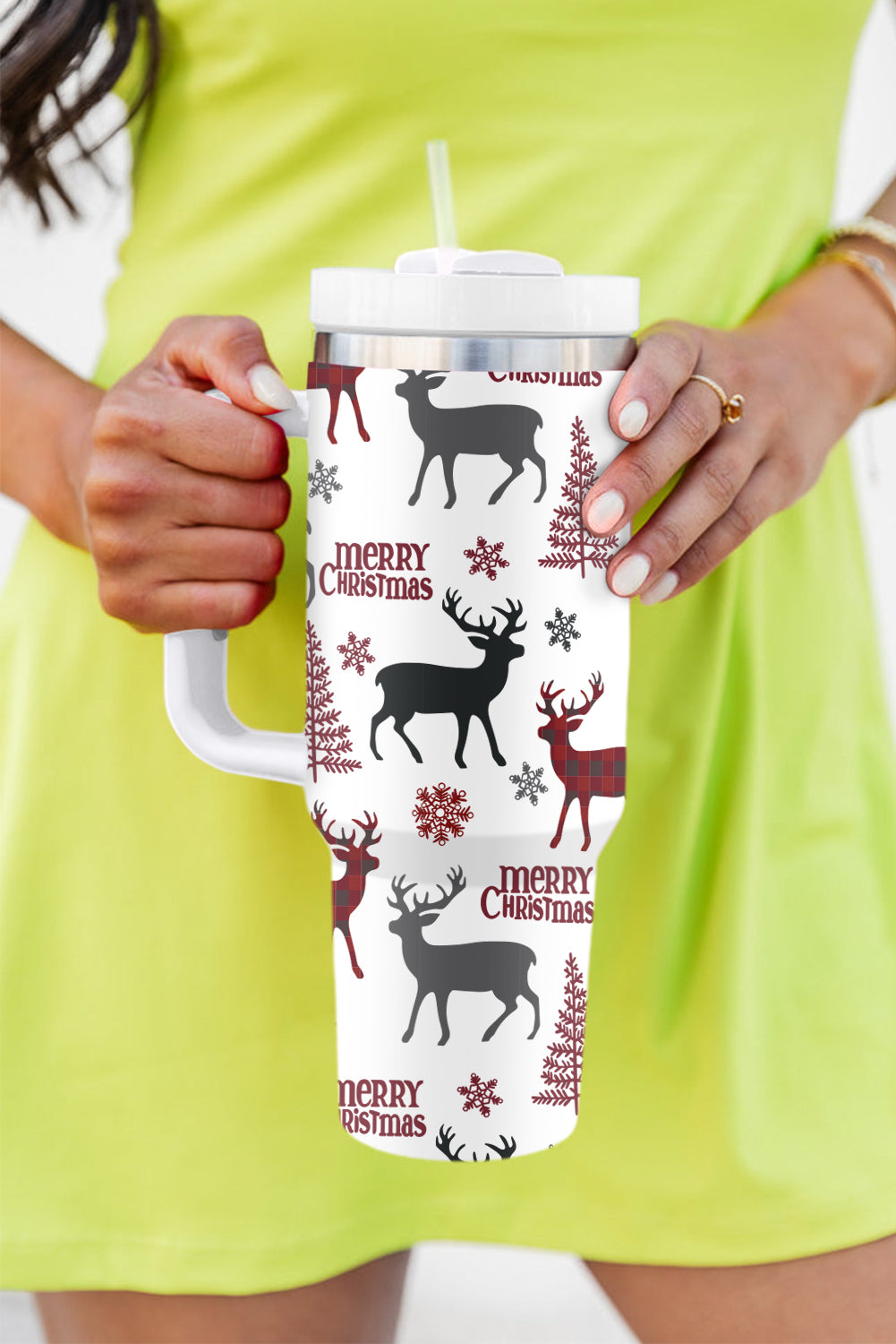 White Merry Christmas Tree Snowflake Elk Print 40 oz Tumbler Cup