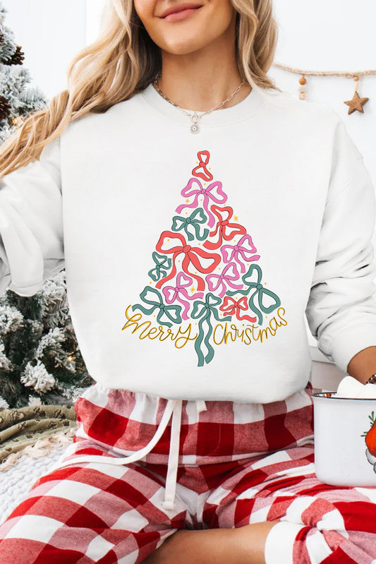 Beige Bow Christmas Tree Print Crew Neck Loose Sweatshirt