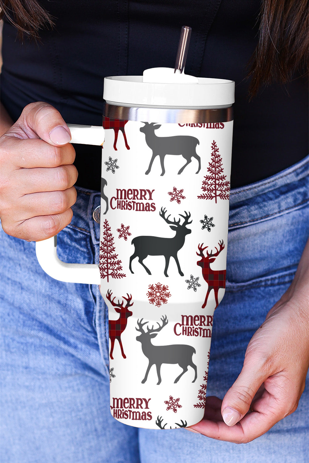 White Merry Christmas Tree Snowflake Elk Print 40 oz Tumbler Cup