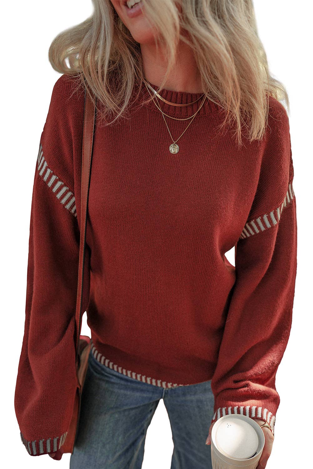 Contrast Trim Drop Shoulder Sweater: Red Dahlia