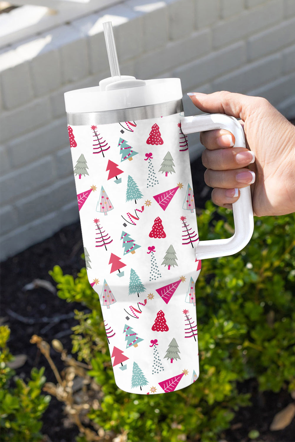 Rose Red Cartoon Christmas Tree Printed Thermos Cup