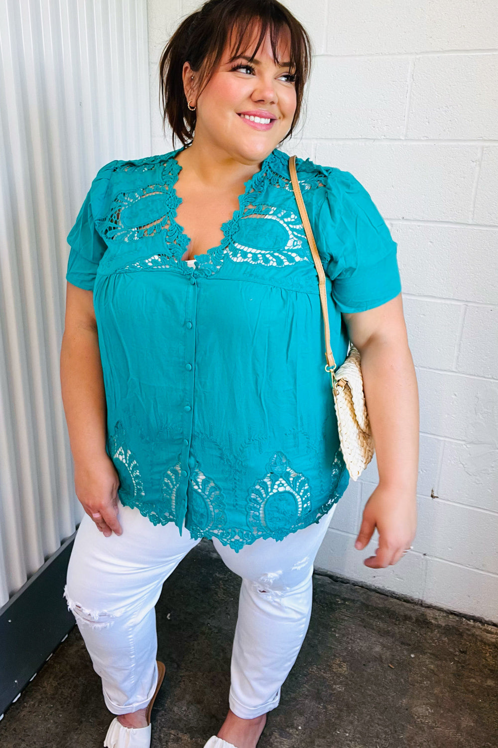 Teal Cotton Embroidered Button Down Cotton Top