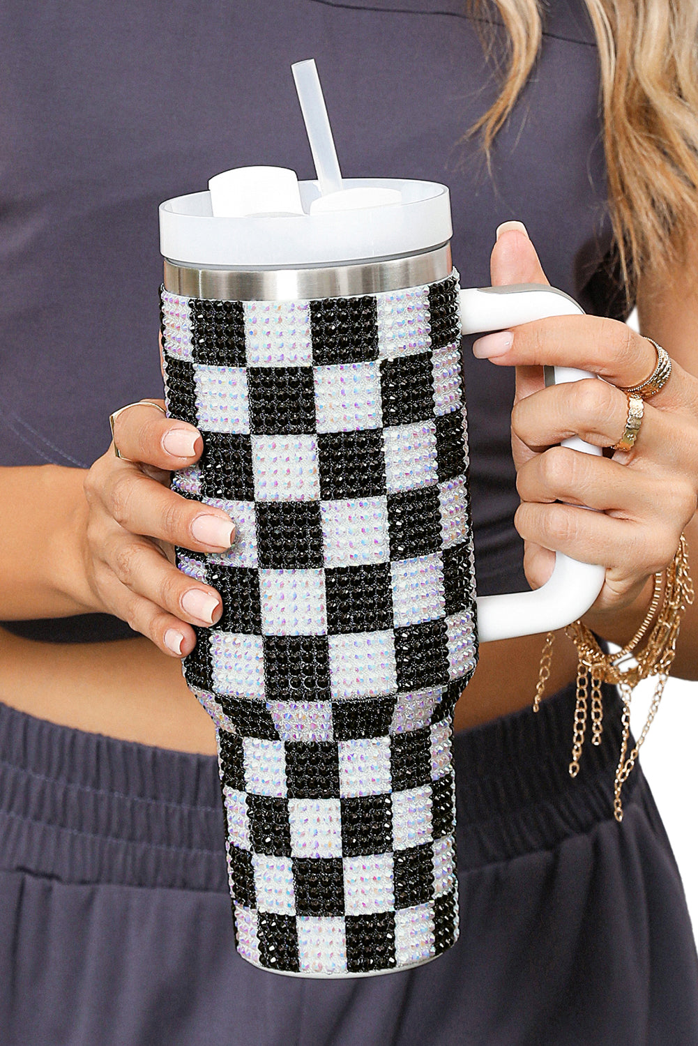 Blackish Green 40oz Rhinestone Checkered Tumbler Cup