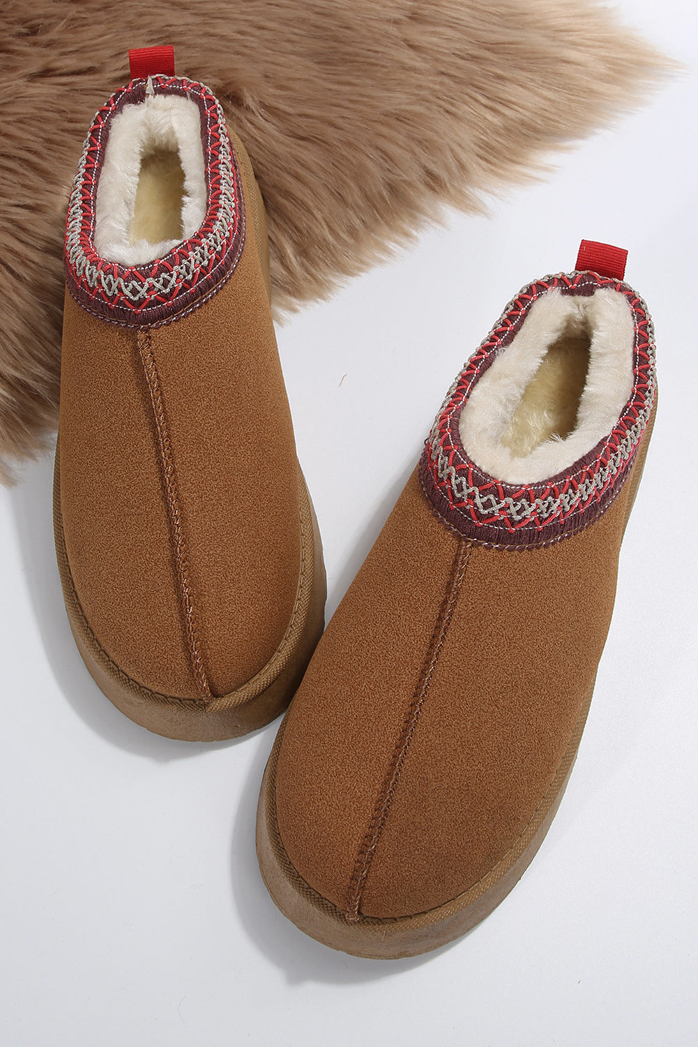 Chestnut Suede Contrast Print Round Toe Plush Lined Flats