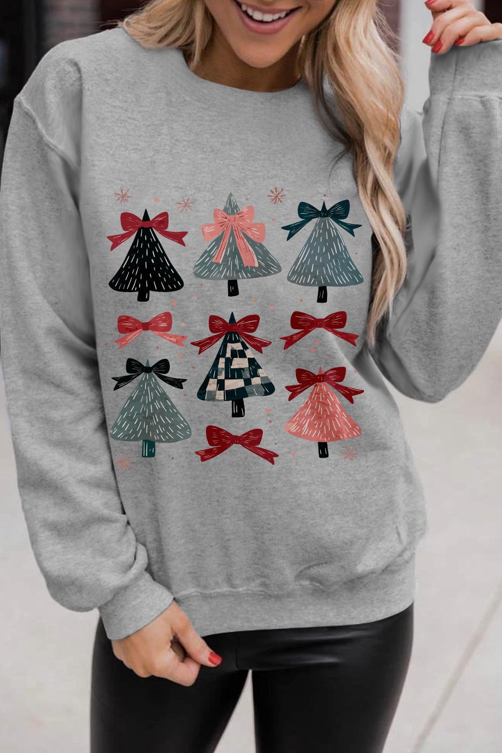 Gray Christmas Tree Bow Knot Print Drop Shoulder Sweatshirt