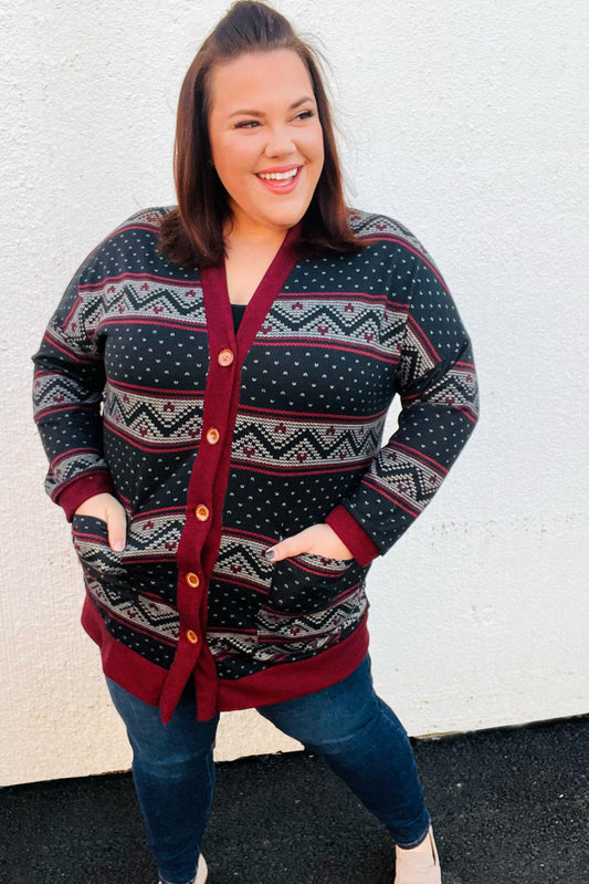 Classic Burgundy Holiday Print Button Cardigan