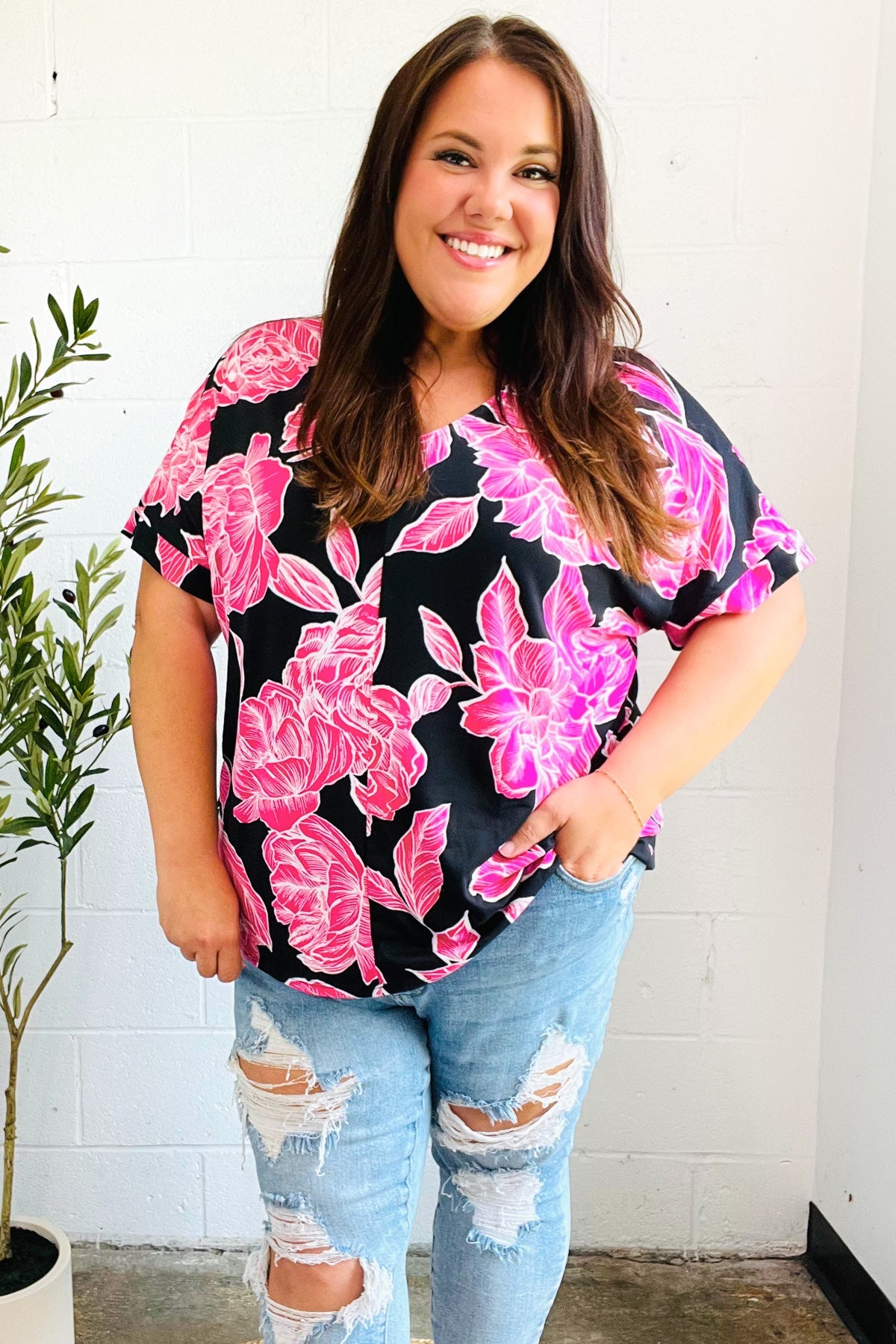 Tropical Vibes Black & Hot Pink Floral V Neck Top