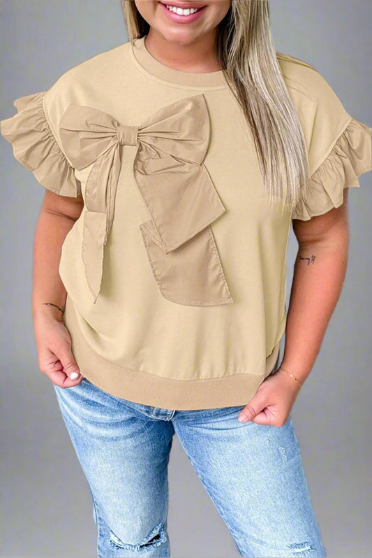 Parchment Ruffle Short Sleeve Bowknot Applique Plus Size Top