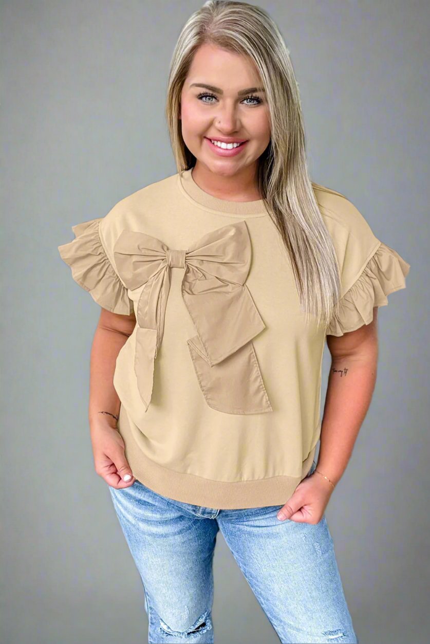 Parchment Ruffle Short Sleeve Bowknot Applique Plus Size Top