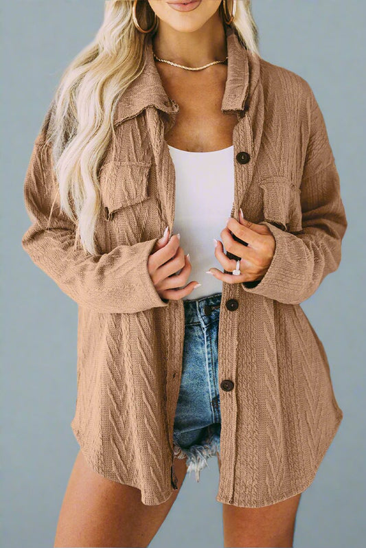 Khaki Casual Textured Button Front Oversized Knit Shacket