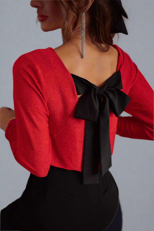 Racing Red Sweet Bowknot Backless V Neck Long Sleeve Top